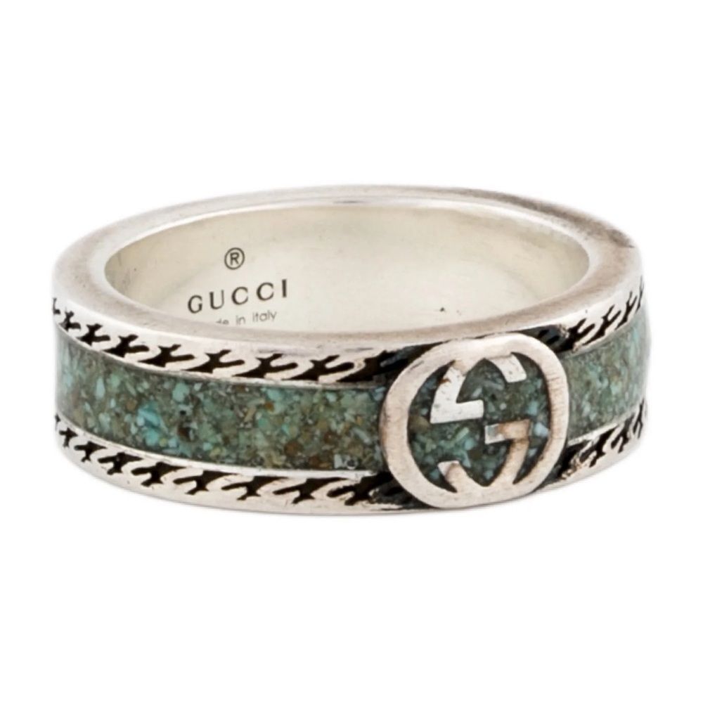Gucci Gg Interlocking 925 Silver and Green Ring